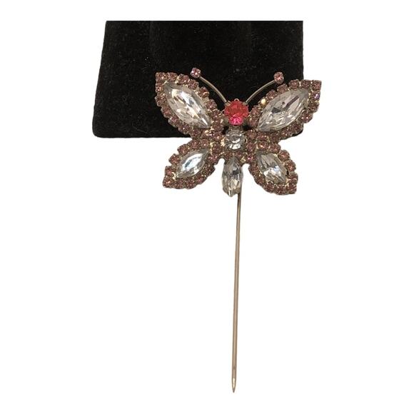 Vintage Unique Eye-Catching Butterfly with Pink and Clear Gemstones Stick Pin - Picture 1 of 4